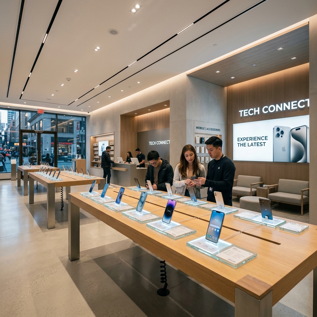 Premium Mobile Store Interior showing staff and customers