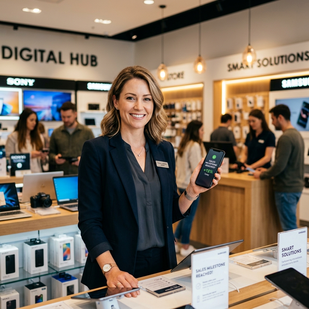 Successful Store Owner reviewing real-time retail analytics on smartphone